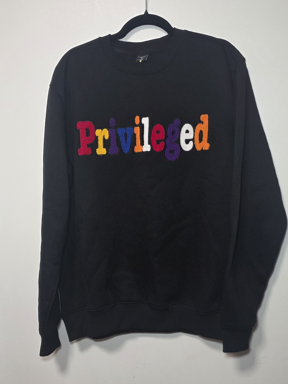 Men's Black Crewneck Sweater with Multi-Color 'Privileged' Embroidery